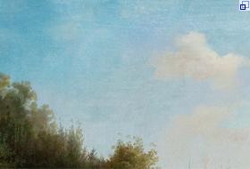 Ausschnit aus einem Gemälde: Den größten Teil nimmt der Himmel mit einigen kleinen Wolken ein, nur am linken unteren Bildrand befinden sich einige Zweige eines großen Baumes.