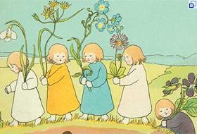 Bild aus dem Kinderbuch "Etwas von den Wurzelkindern": Vier Wurzelkinder gehen im Gänsemarsch auf einer Wiese. Sie tragen jeweils eine sehr große Blume in der Hand.
