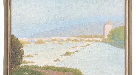 Gemälde der Pliensaubrücke mit Neckarwehr von Osten in blassen Farbtönen.