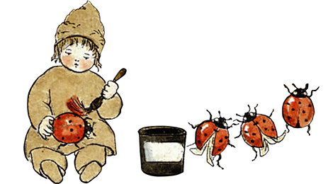 BIld aus dem Buch "Etwas von den Wurzelkindern": Ein Wurzelkind hat einen Pinsel in der Hand und bemalt einen großen Marienkäfer. Daneben tanzen drei fertig bemalte Marienkäfer.