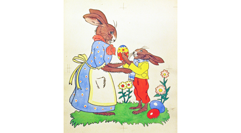 Bunte Illustration: Auf der Wiese: Ein Osterhasenkind in Hose und Jacke steht vor einer Osterhasenfrau, die Kleid und Schürze trägt. Der kleine Osterhase zeigt ihr ein mit kunstvollen Mustern bemaltes Ei.