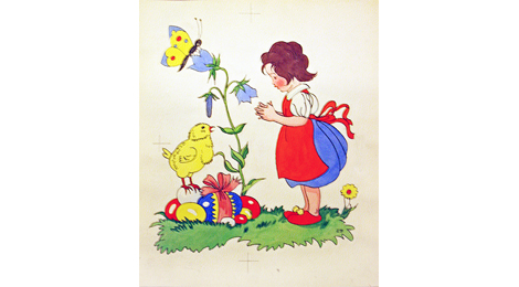 Bunte Illustration: Auf einer Wiese steht ein Mädchen in Rock, Bluse und Schürze. Auf dem Gras vor ihr liegen eng beieinander verschieden große bemalte Eier. Eines ist mit einer Schleife geschmückt. Auf einem Ei sitzt ein großes Küken mit geöffnetem Schnabel.