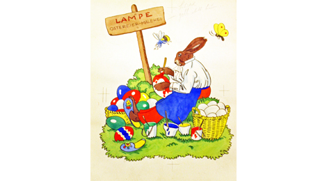 Bunte Illustration: Ein Osterhasenmann sitzt auf der Wiese. Er ist bekleidet mit Hose, Hemd und Arbeitsschürze. Er bemalt ein Ei. Um ihn herum stehen ein Korb mit unbemalten Eiern, offene Farbtöpfe und ein Haufen bereits bemalter Eier. Dahinter steckt ein Schild mit der Aufschrift: Meister Lampe. Oster-Eier-Malerei.