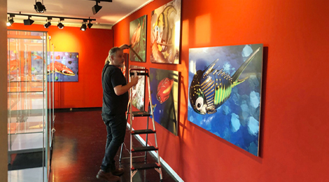 Aufbau der Ausstellung Mechanische Tierwelt: Ein Mann befestigt ein Bild an der Wand